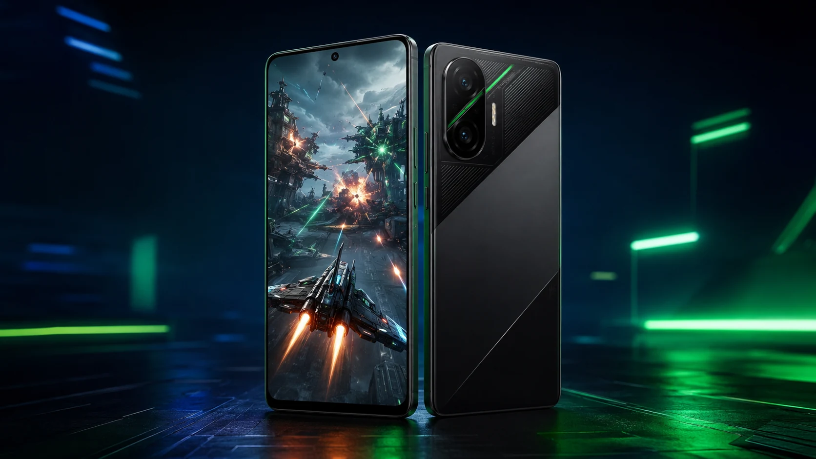 POCO F7 com jogo futurista na tela em cenário tecnológico
