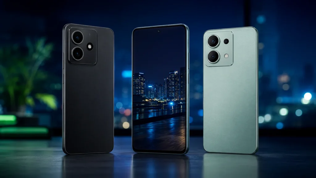 Três smartphones intermediários preparados para fotografia noturna