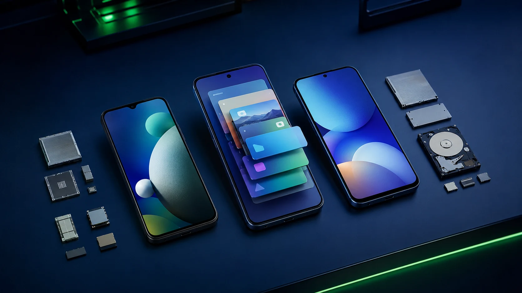Smartphones intermediários com componentes de memória e armazenamento